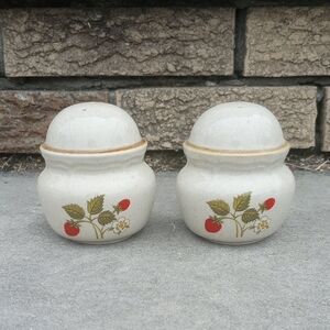 Vintage Strawberry & Floral Pottery Salt & Pepper Shakers. Cream, Red & Green